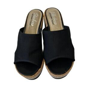 Skechers Platform Sandals Women's Memory Foam Black Wedge Cork Cloth Size 7